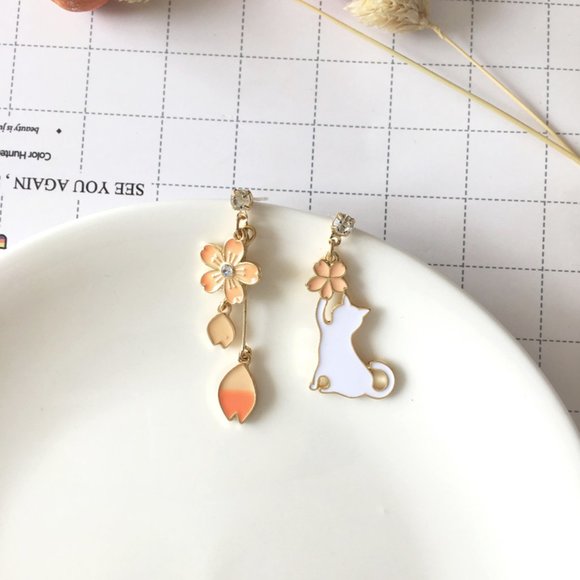 Sakura & Kitten Drop Earrings - Picture 1 of 5